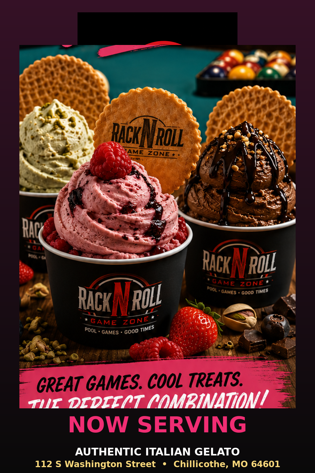 Now serving gelato at Rack N Roll Game Zone